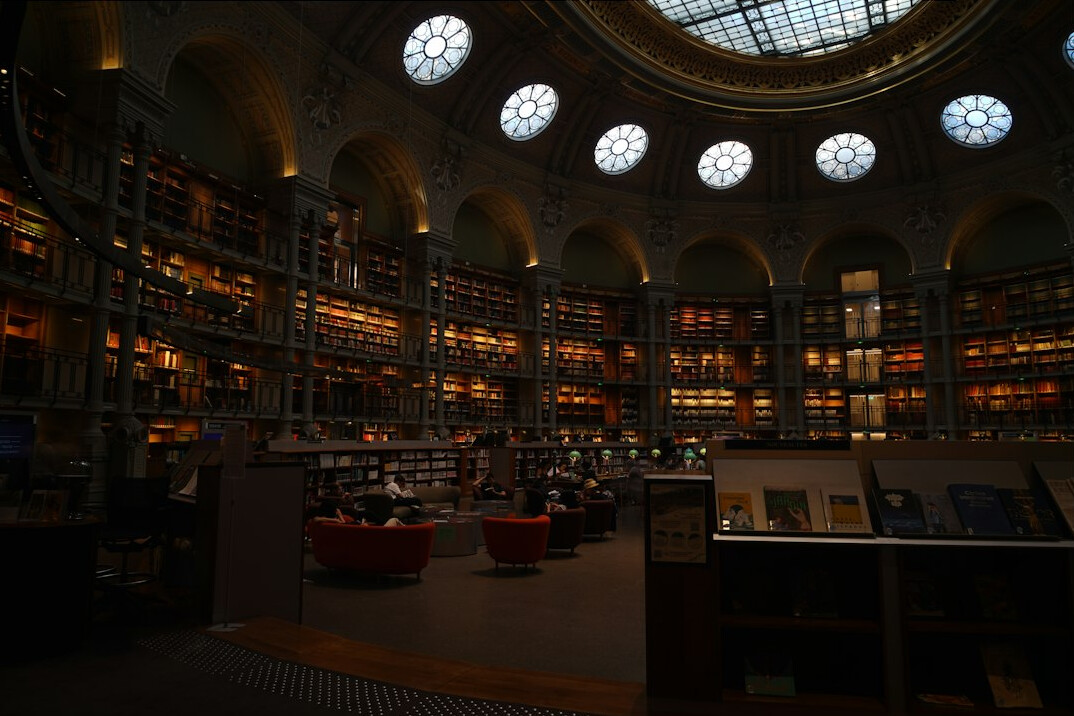 Grand library hall with arched ceiling